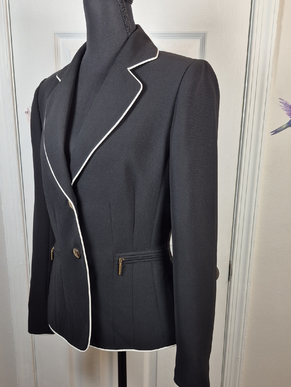 TAHARI Arthur S. Levin Black White Piping Tailored Career Office Blazer 4 - Picture 5 of 7
